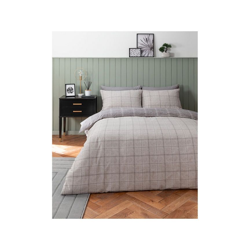 George Home Grey Check Easy Care Reversible Duvet Set - Double