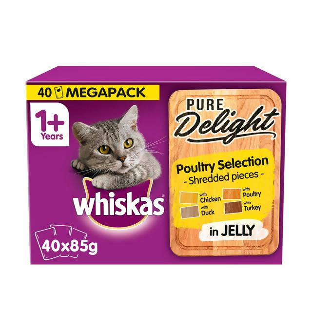 Whiskas Pure Delight Cat Food Pouches Poultry in Jelly Mega Pack 40 x 85g All bigger packs Sainsburys   
