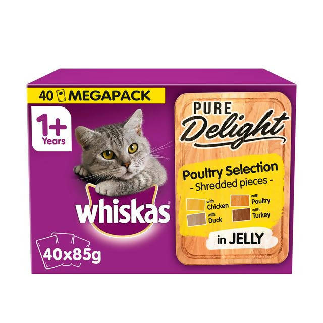 Whiskas Pure Delight Cat Food Pouches Poultry in Jelly Mega Pack 40 x 85g