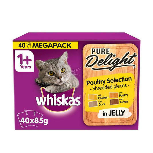 Whiskas Pure Delight Cat Food Pouches Poultry in Jelly Mega Pack 40 x 85g - McGrocer