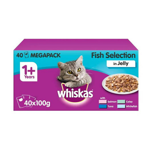 Whiskas Adult Wet Cat Food Pouches Fish in Jelly Mega Pack 40 x 100g All bigger packs Sainsburys   