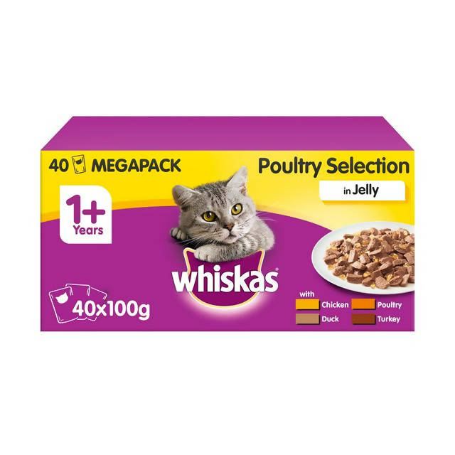 Whiskas Adult Wet Cat Food Pouches Poultry in Jelly Mega Pack 40 x 100g