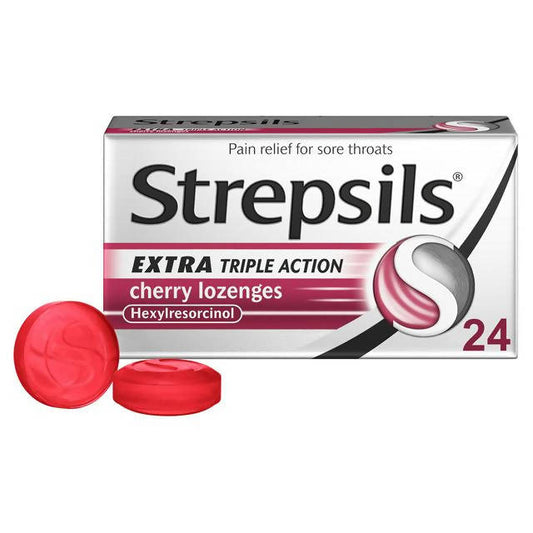 Strepsils Extra Triple Action Cherry Sore Throat Cough Lozenges x24 GOODS Sainsburys   