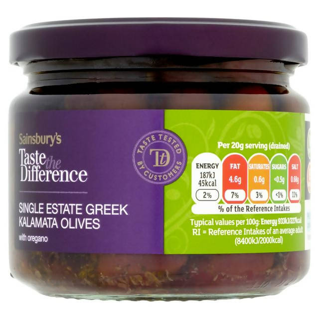 Sainsbury's Greek Kalamata Olives Oregano, Taste the Difference 300g (181g*) - McGrocer