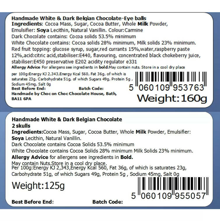 Choc on Choc Chocolate Skull Set 125g and Chocolate Gooey Eyeballs ,160g Chocolate Costco UK   