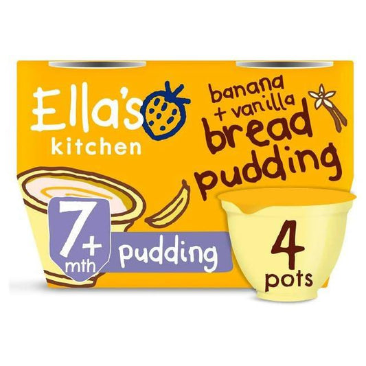 Ella's Kitchen Organic Banana and Vanilla Bread Pudding Baby Dessert Pot Multipack 7+ Months 4 x 80g baby meals Sainsburys   