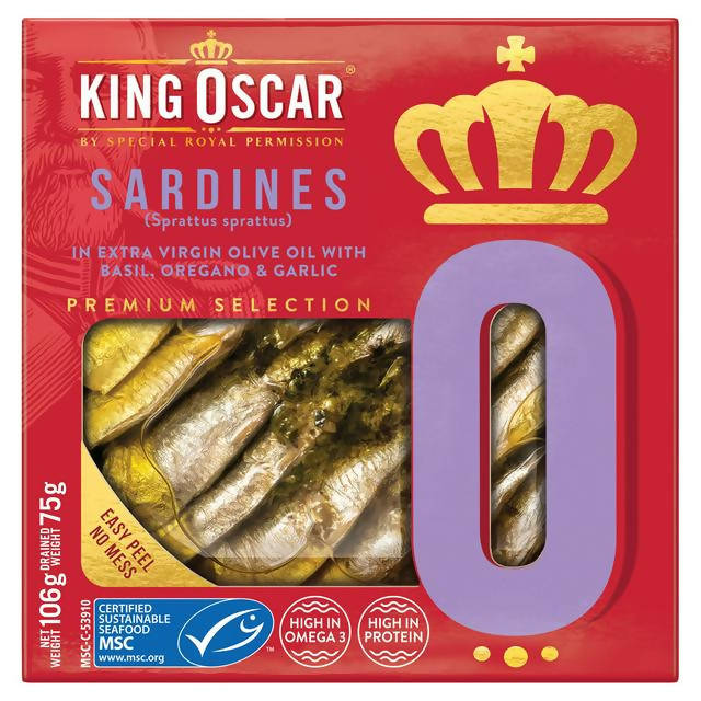 King Oscar Sardines in Extra Virgin Olive Oil with Basil, Oregano & Garlic 106g Fish Sainsburys   