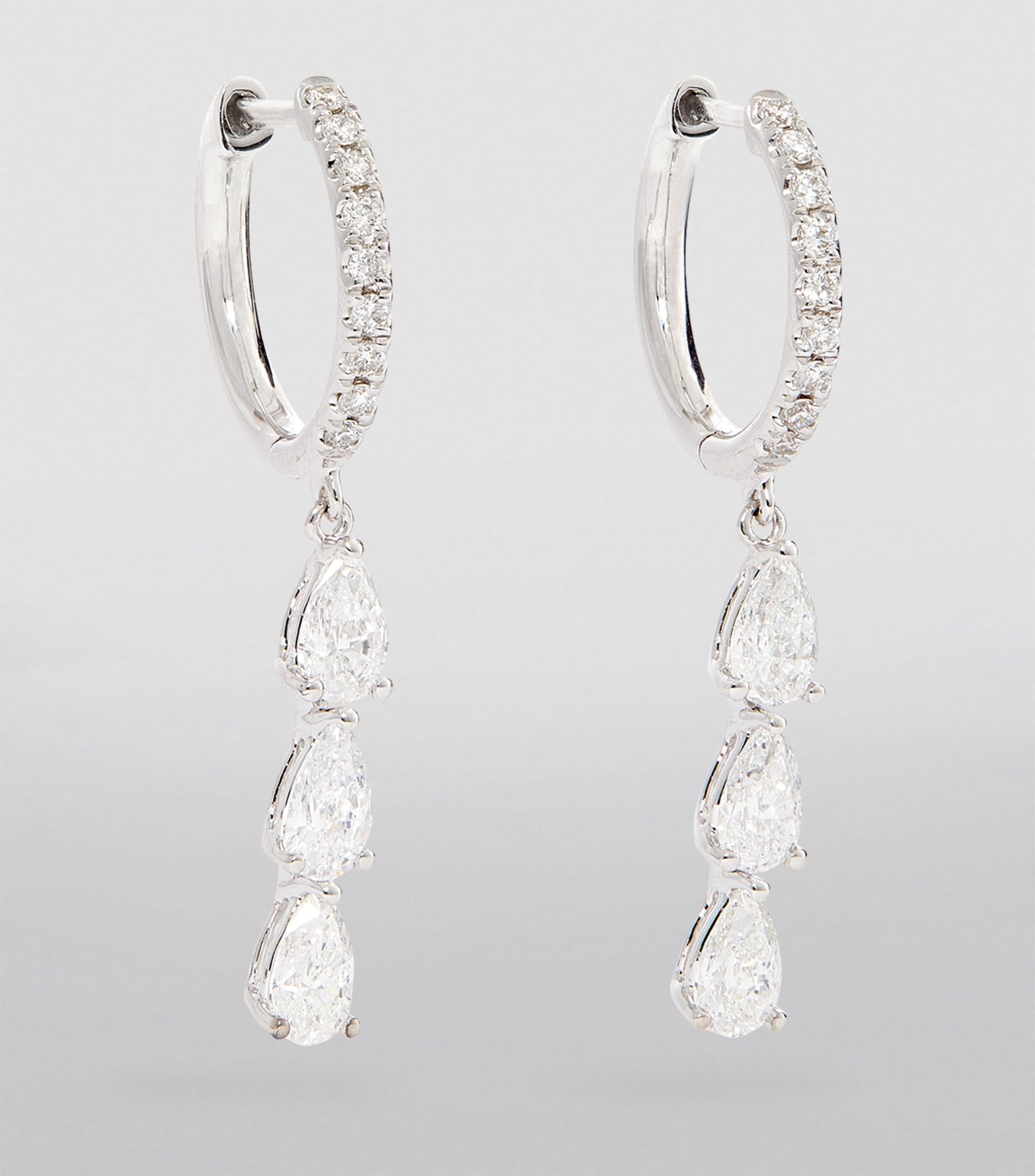 White Gold and Diamond Huggie Hoop Three-Drop Earrings GOODS Harrods   