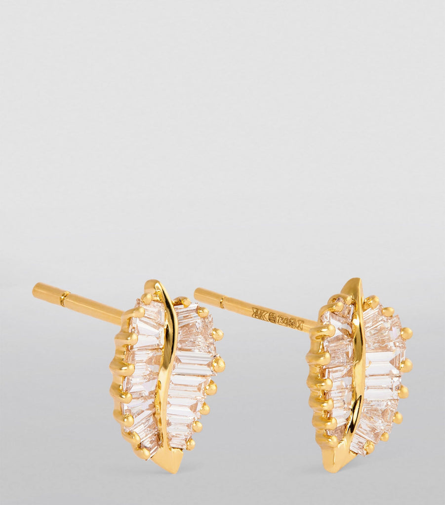 Yellow Gold and Diamond Palm Leaf Stud Earrings