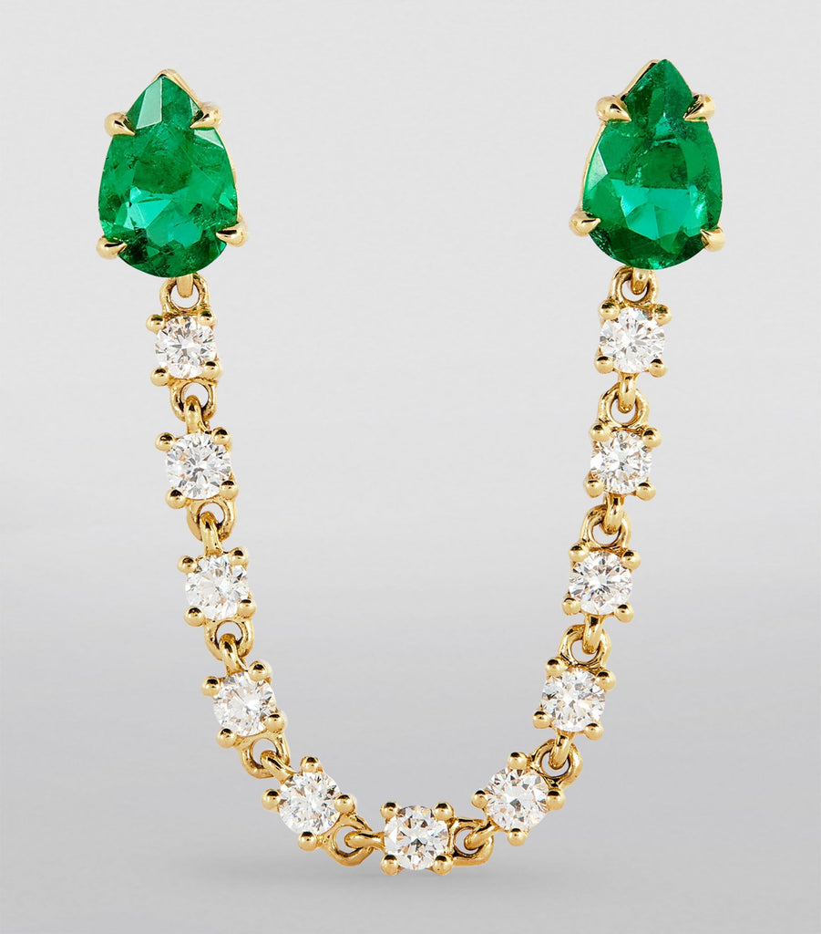 Yellow Gold, Emerald and Diamond Double Pear Single Earring