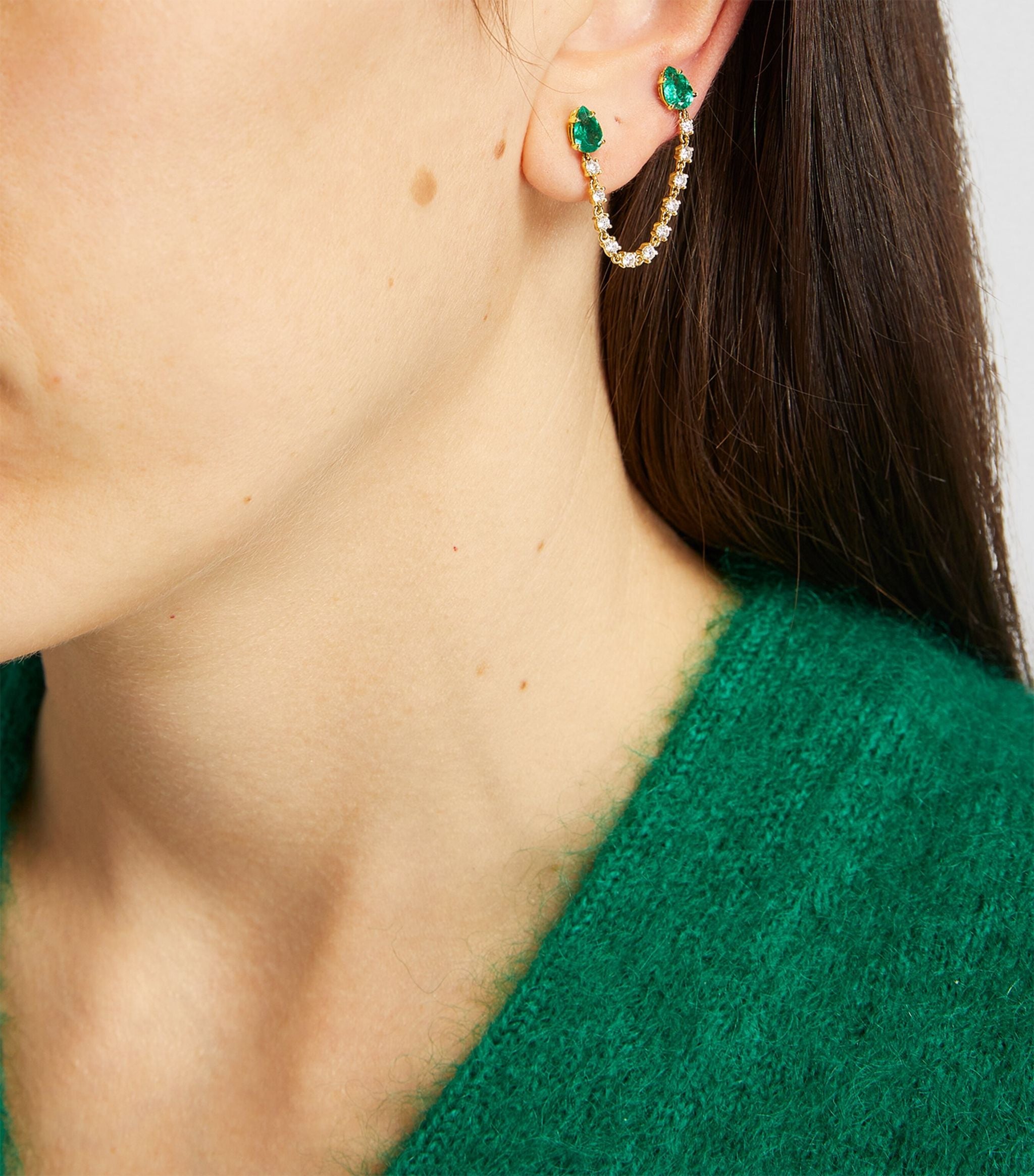 Yellow Gold, Emerald and Diamond Double Pear Single Earring GOODS Harrods   