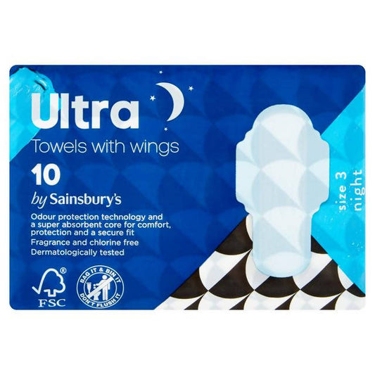 Sainsbury's Ultra Towel Night Wings x10 feminine care Sainsburys   