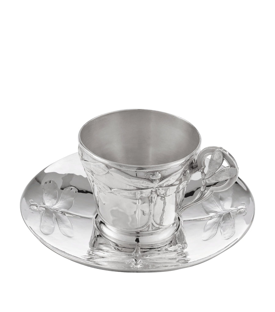 Silver-Plated Gallia Dragonfly Teacup and Saucer