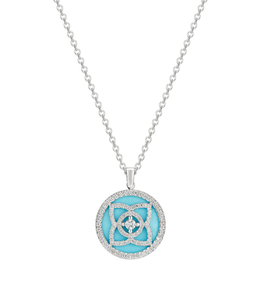 White Gold, Turquoise and Diamond Enchanted Lotus Pendant Necklace