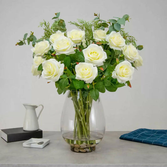 Artificial White Roses and Mixed Foliage in Glass Vase Faux Flowers Costco UK   