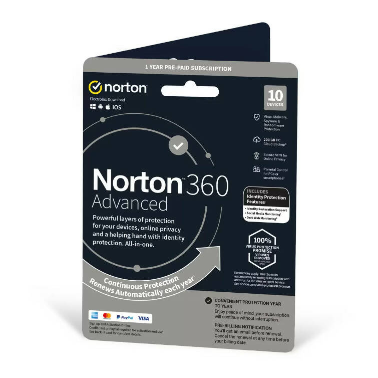 Norton 360 Advanced 2022, Antivirus Software for 10 Device and 1 Year Subscription with Automatic Renewal GOODS Costco UK   