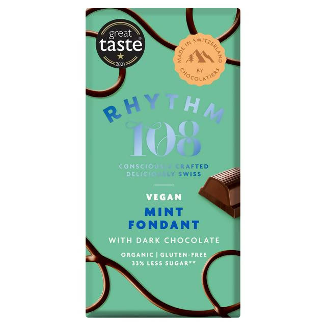 Rhythm108 Swiss Vegan Mint Fondant Bar with Dark Chocolate 100g Chocolate pouches & bags Sainsburys   