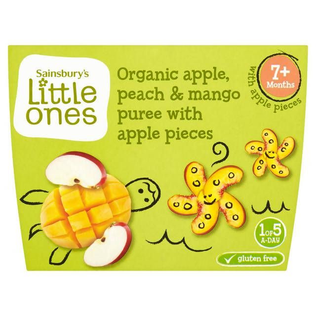 Sainsbury's Little Ones Organic Apple, Peach & Mango Puree 7+ Months 4 x 100g (400g) baby meals Sainsburys   