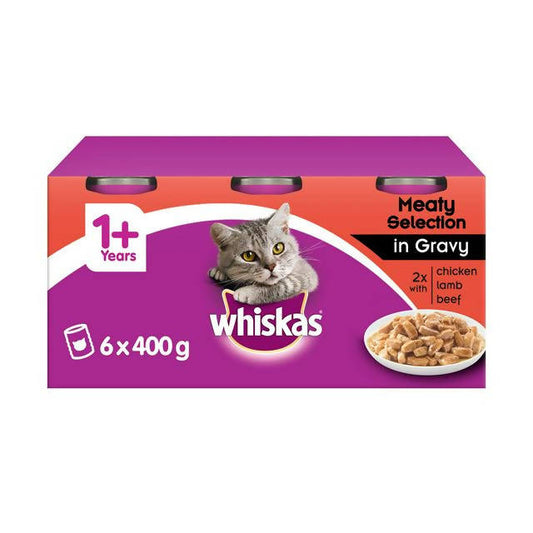 Whiskas Adult Wet Cat Food Tins Meaty in Gravy 6 x 400g Cat cans & tins Sainsburys   