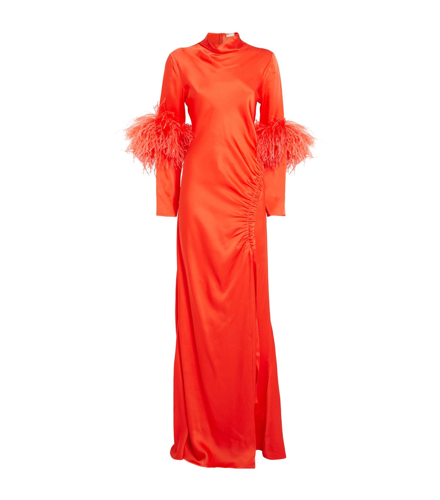 Satin Feather-Trim Maxi Dress