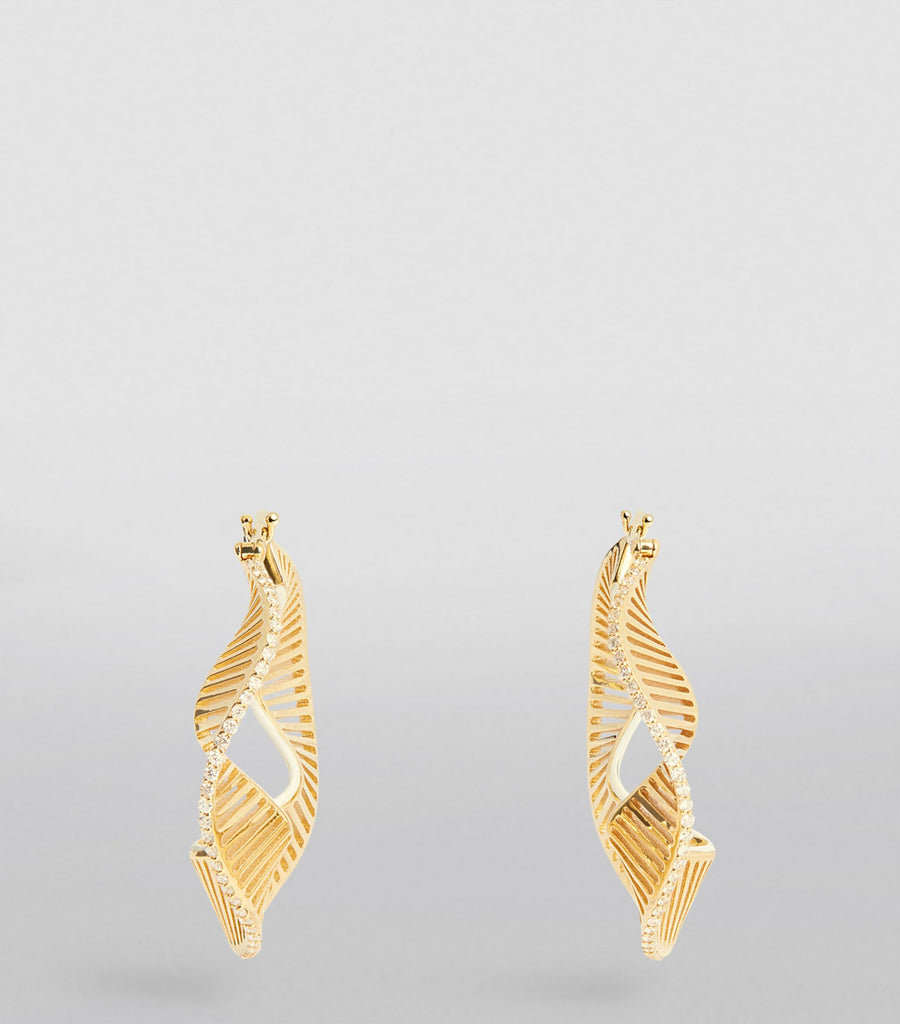 Large Yellow Gold, Diamond and Enamel Twisted Waves Hoop Earrings