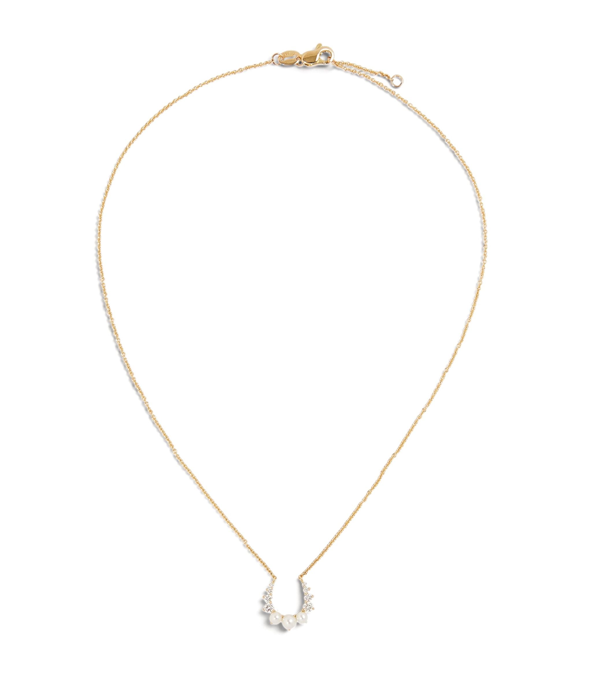 x Hannah Yellow Gold, Diamond and Pearl Horseshoe Pendant Necklace GOODS Harrods   