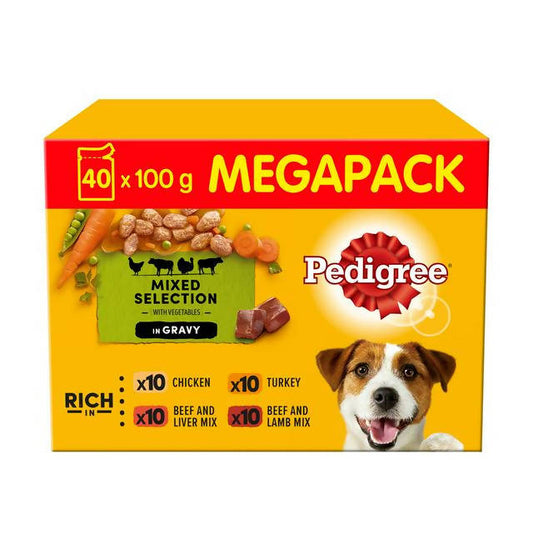 Pedigree Adult Wet Dog Food Pouches Mixed in Gravy Mega Pack 40 x 100g - McGrocer