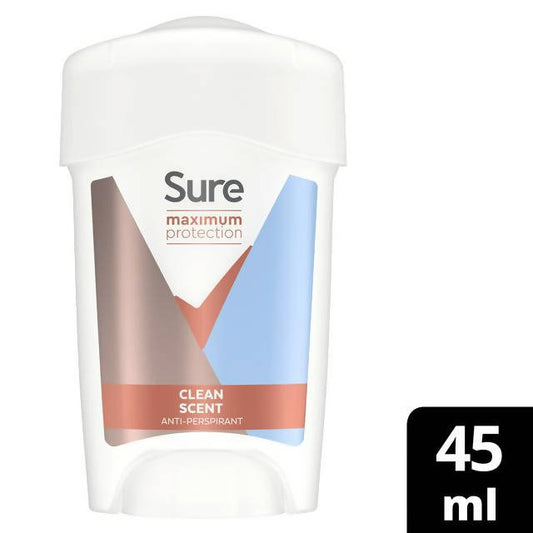 Sure Women Maximum Protection Cream Anti-Perspirant Deodorant, Clean Scent 45ml - McGrocer