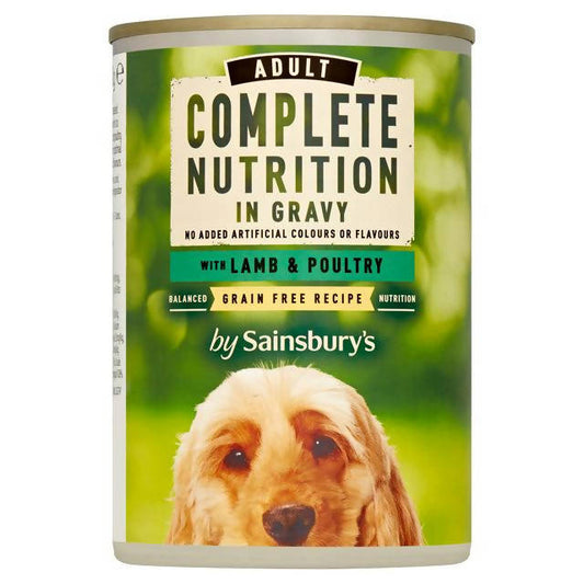 Sainsbury's Complete Nutrition Adult Dog Food with Lamb & Poultry in Gravy 400g Dog food cans trays & pouches Sainsburys   