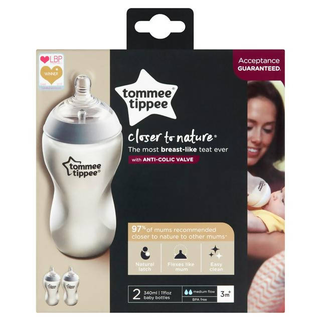 Tommee Tippee Closer to Nature 2 Feeding Bottles Med Flow 3 Months+ 340ml