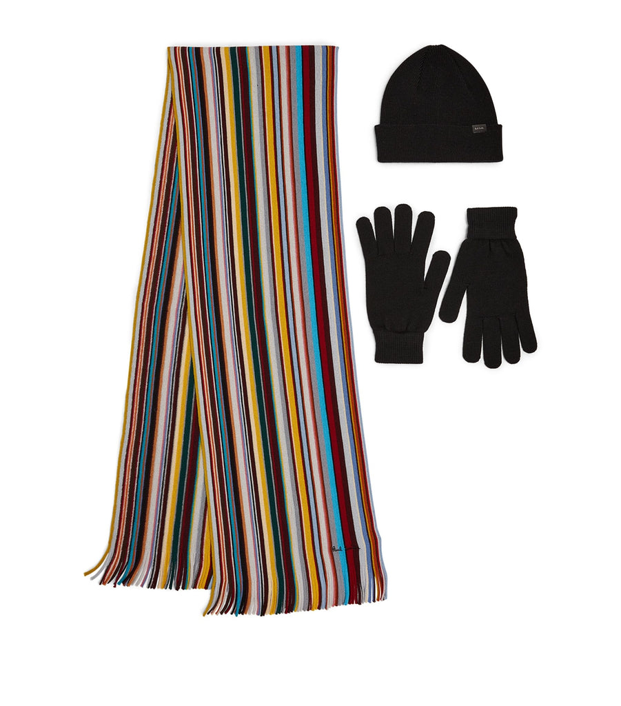 Wool Striped Scarf, Beanie and Gloves Set