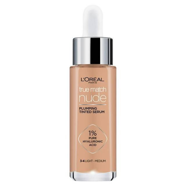 L'Oreal Paris True Match Nude Plumping Tinted Serum, 1% Hyaluronic Acid, Shade 3-4 Light-Medium