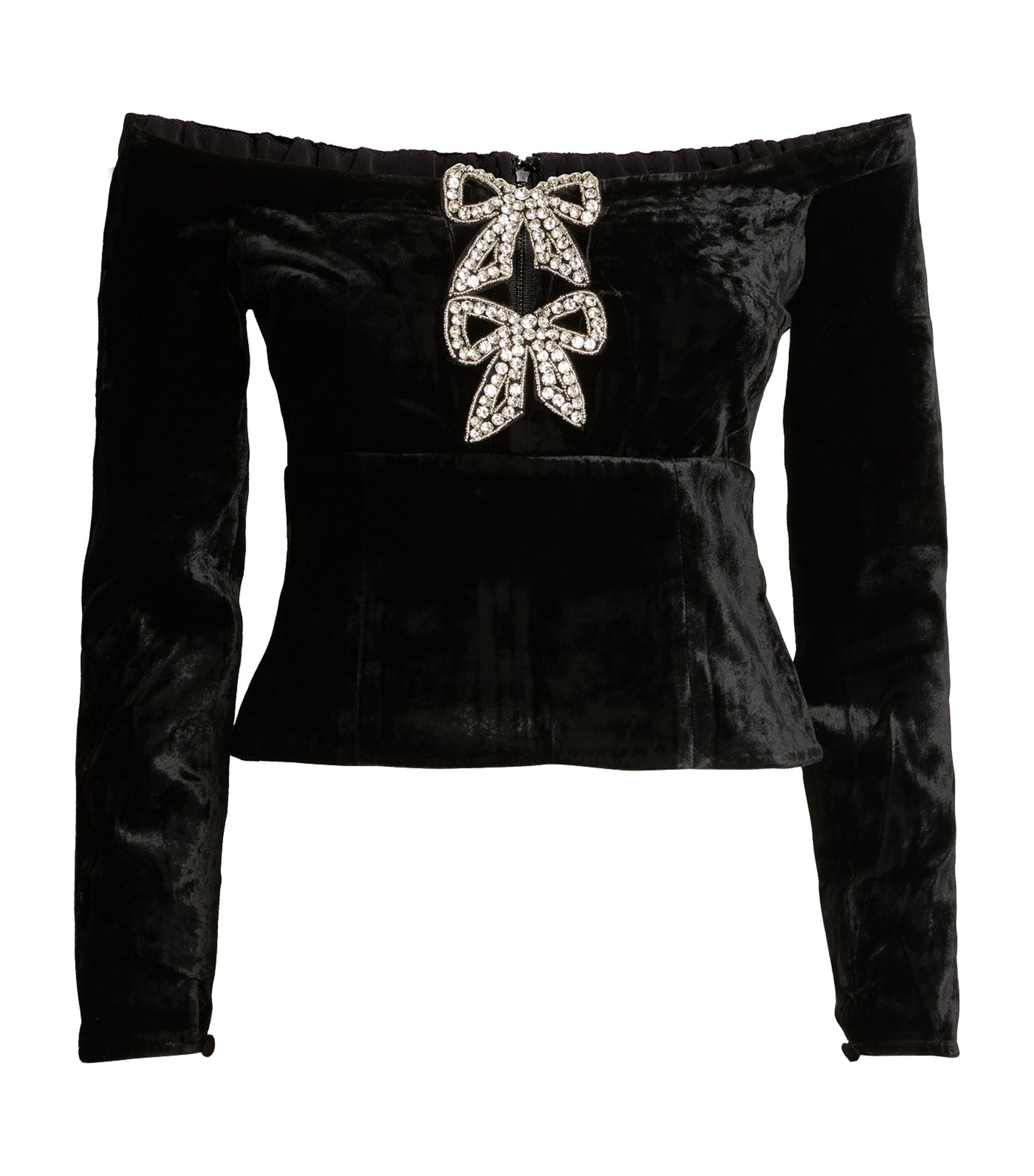 Velvet Embellished-Bow Bardot Top GOODS Harrods   