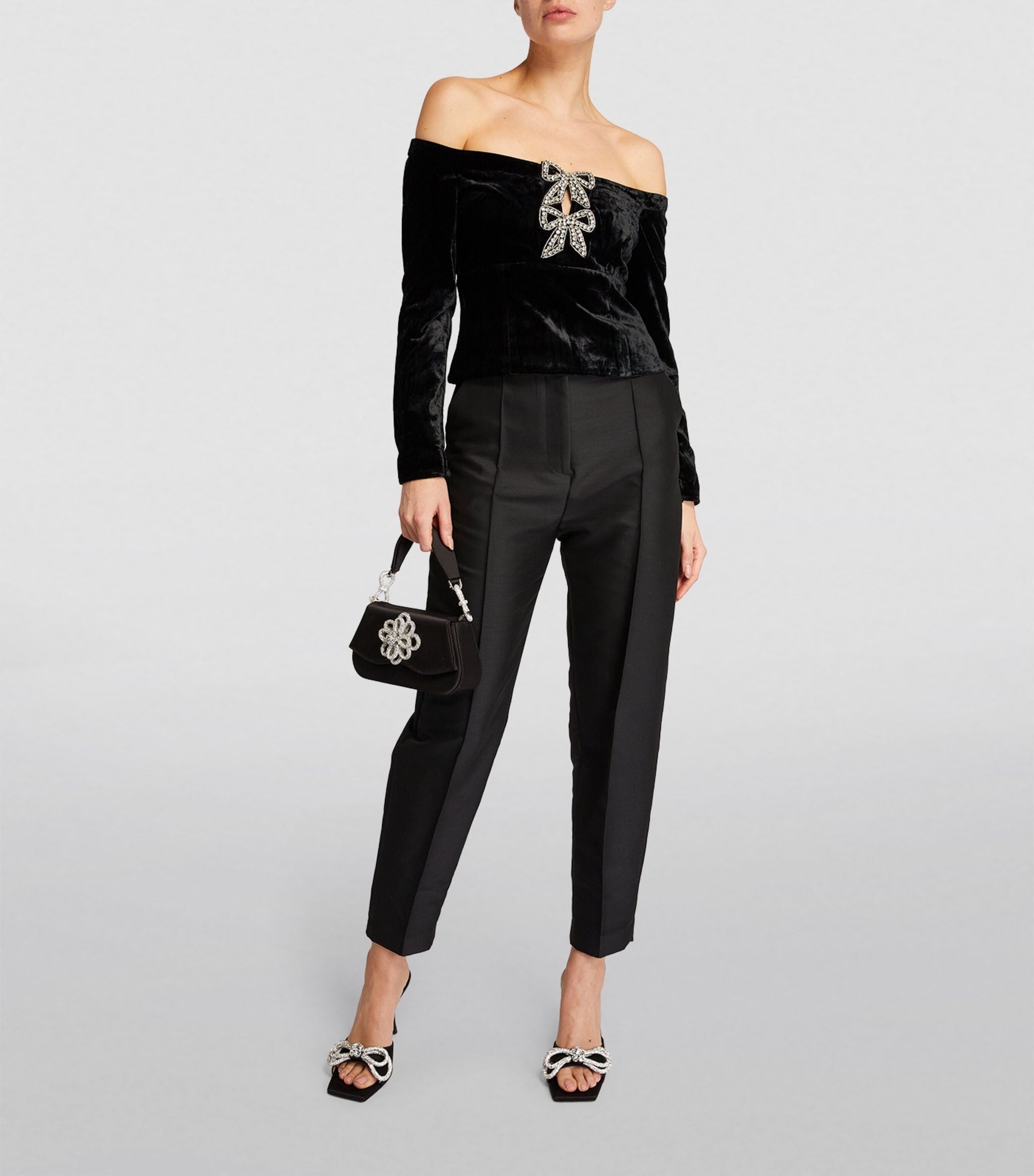 Velvet Embellished-Bow Bardot Top GOODS Harrods   