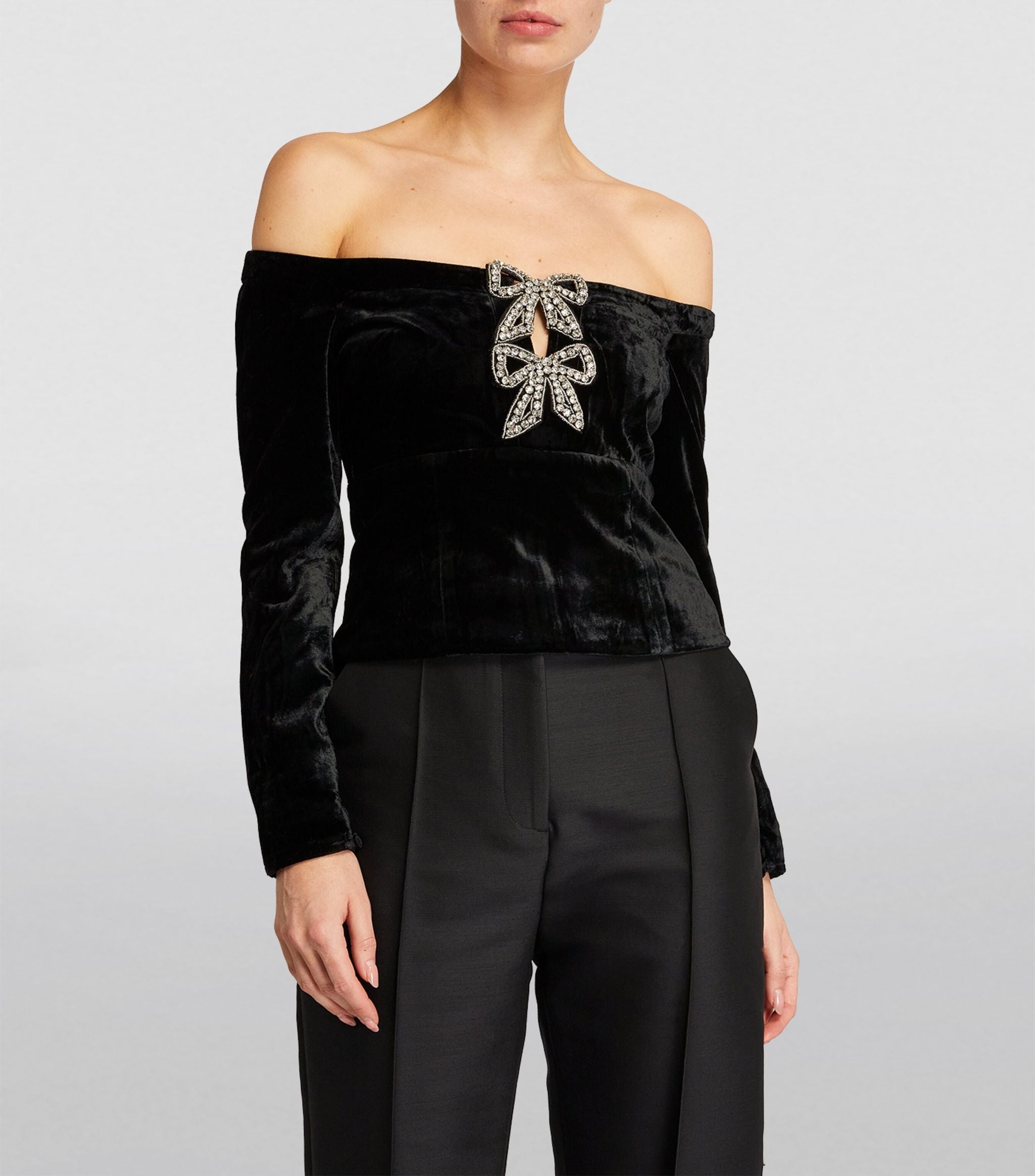 Velvet Embellished-Bow Bardot Top GOODS Harrods   