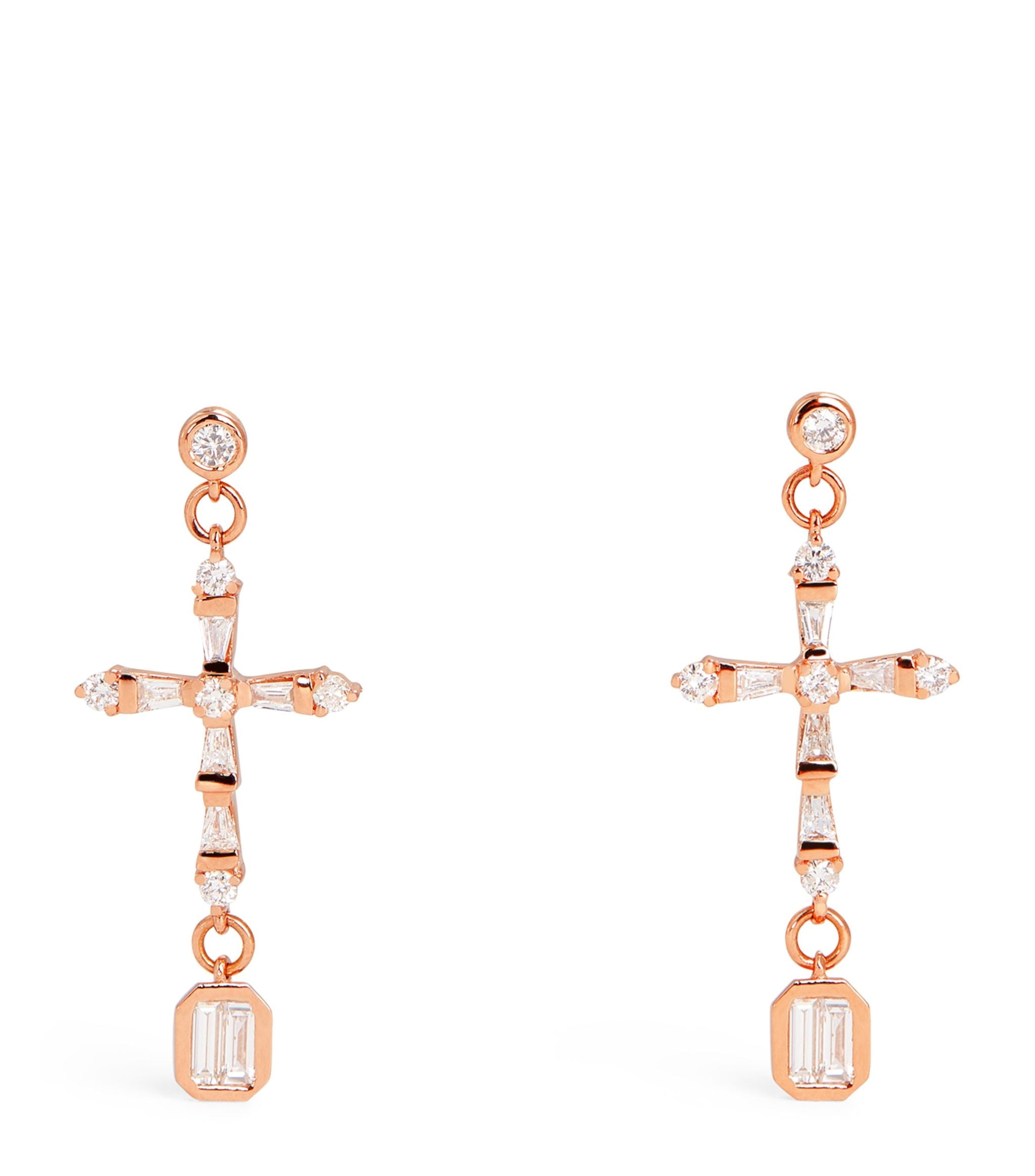 Rose Gold and Diamond Symbols Cross Drop Earrings GOODS Harrods   