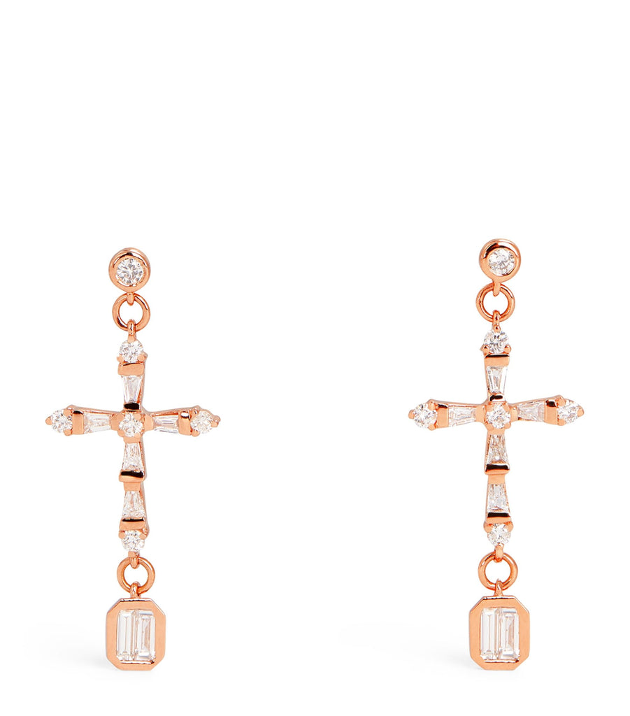 Rose Gold and Diamond Symbols Cross Drop Earrings