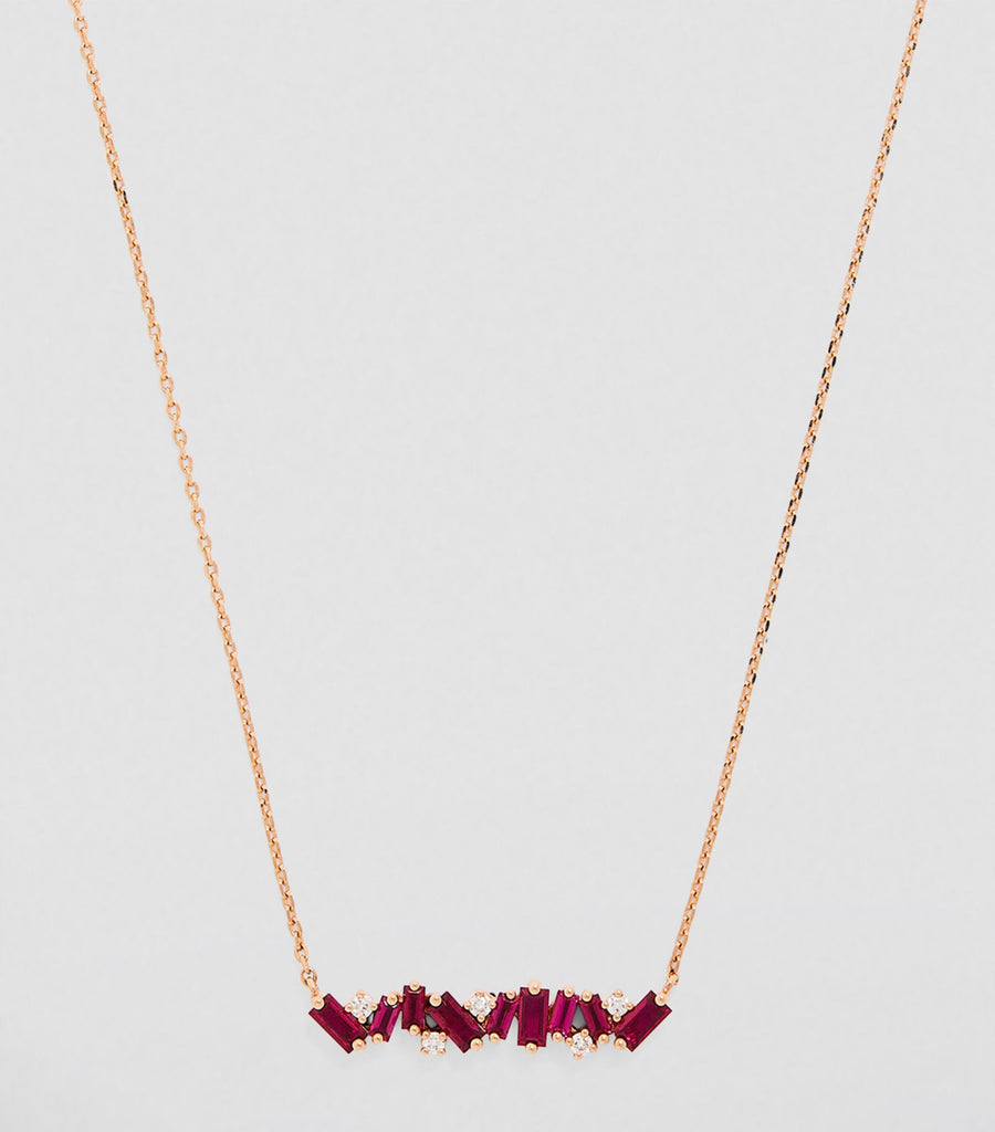 Rose Gold, White Diamond and Ruby Fireworks Bar Necklace