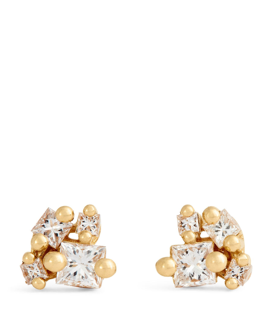 Yellow Gold and Diamond Princess Cluster Stud Earrings