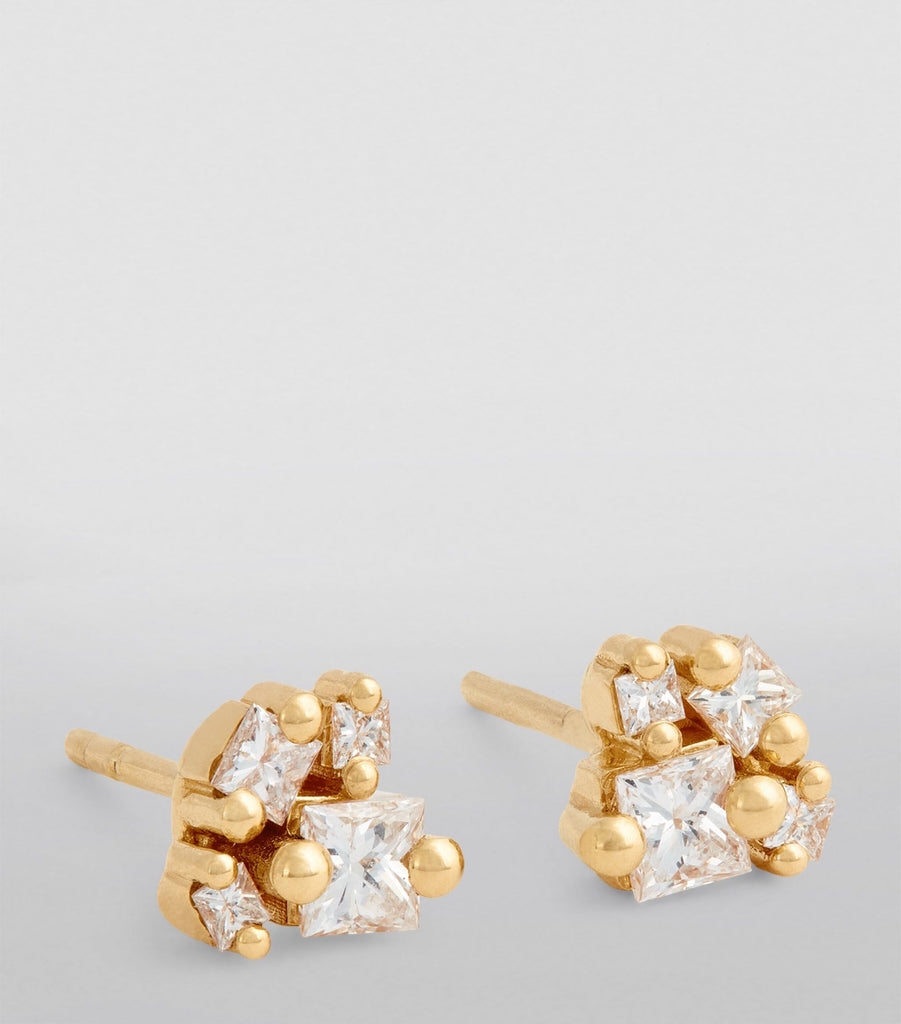 Yellow Gold and Diamond Princess Cluster Stud Earrings