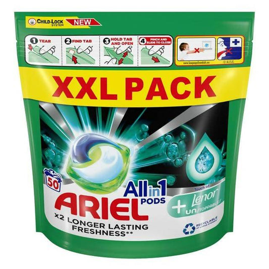 Ariel All-in-1 Pods & Touch of Lenor Unstoppables Washing Liquid Capsules 50 Washes detergents & washing powder Sainsburys   