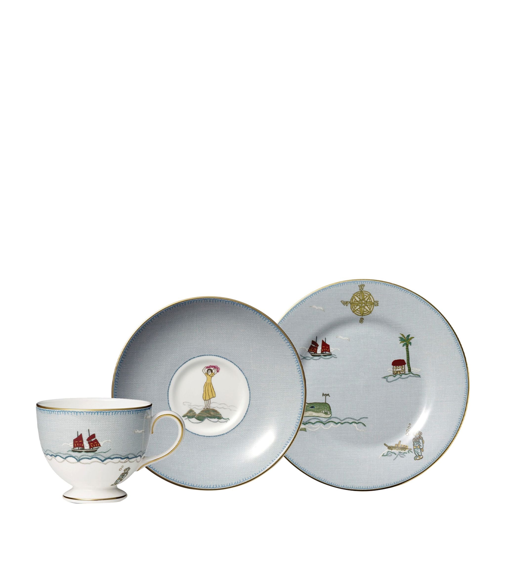 x Kit Kemp Sailor’s Farewell Teacup, Saucer and Side Plate Set GOODS Harrods   