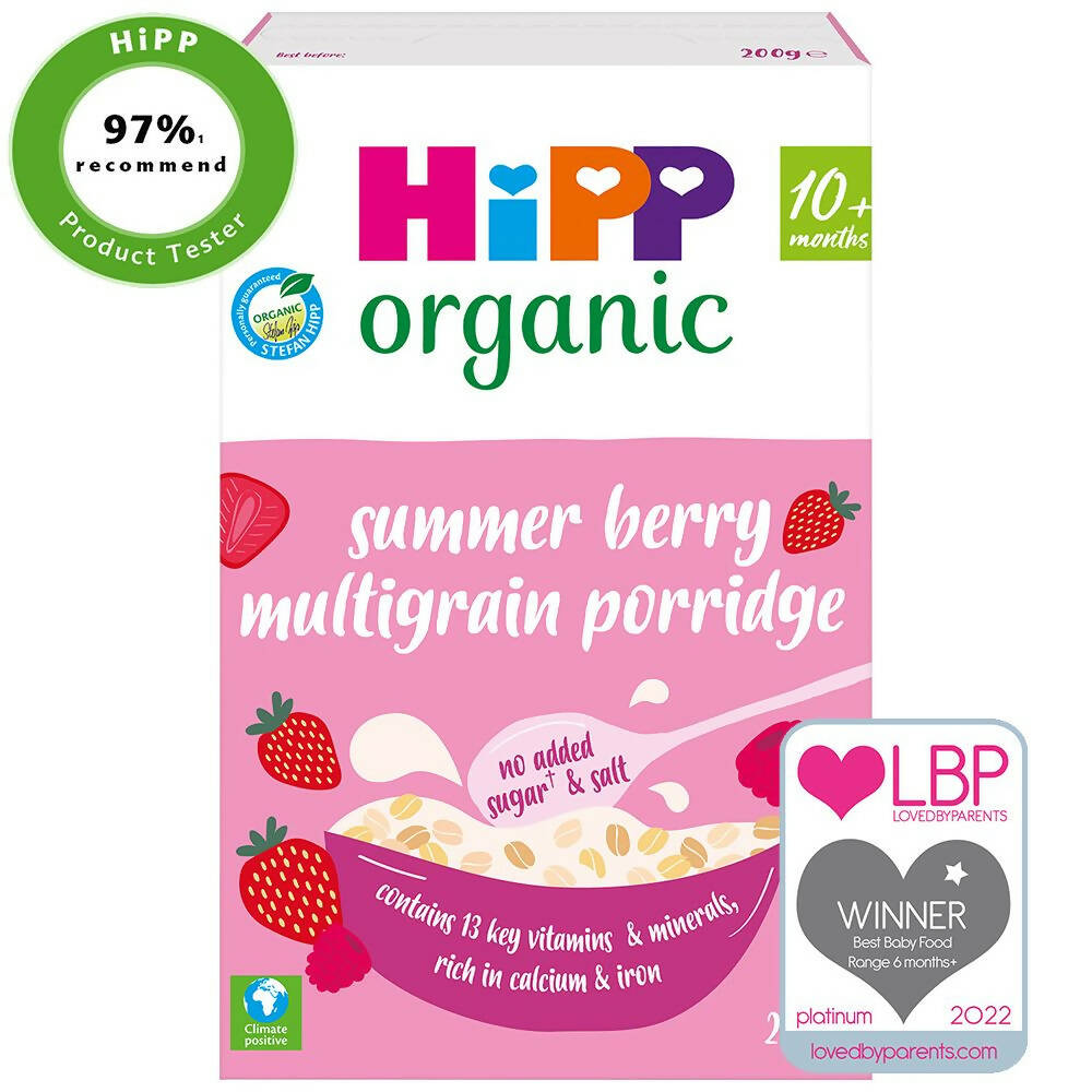 HiPP Organic Summer Berry Multigrain Porridge Baby Cereal 10+ Months (4 x 200g) Organic Porridge Baby Cereal McGrocer Direct   