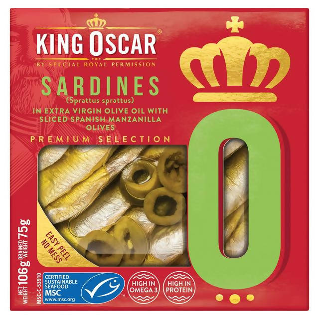 King Oscar Sardines in Extra Virgin Olive Oil with Sliced Spanish Manzanilla Olives 106g Fish Sainsburys   